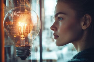 A woman gazes at a glowing lightbulb, symbolizing innovative ideas and technological breakthroughs.