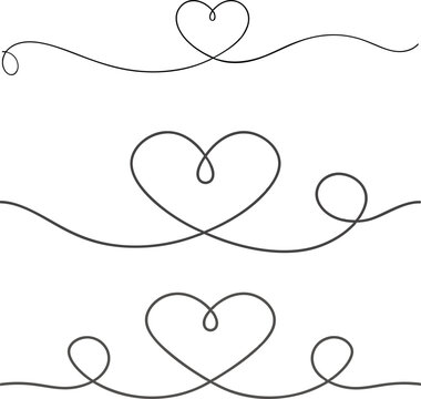 Naklejki Heart line divider vector set illustration, heart border, continuous line art heart banner