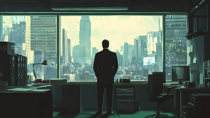 Fototapeta premium A man in a suit standing inside an office with panoramic windows overlooking a cityscape 