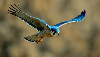 Fototapeta premium Eagle in flight with spread wings, blue and brown