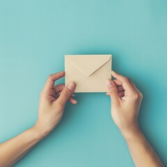 Fototapeta premium Two hands holding envelope on blue background, concept of message or invitation