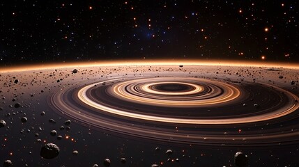 Fototapeta premium Beautiful depiction of cosmic rings surrounded by asteroids in the vastness of deep space, showcasing the wonders of astronomy and the universe's intricate celestial formations