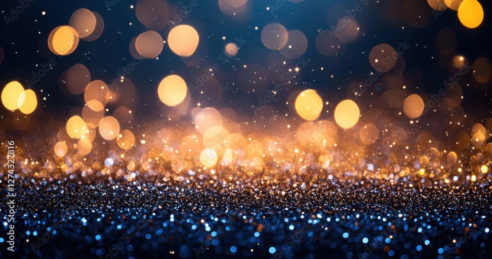 Poster colorful shimmering bokeh lights with golden and blue sparkle creating a magical and festive atmosph