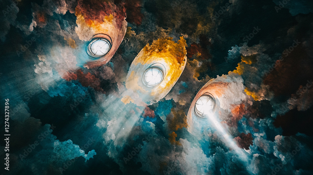 Aufkleber unique cloud-like architecture with light beams illuminating a vibrant ceiling design