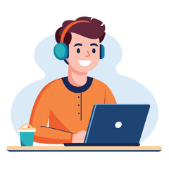 man in headphones, studying at laptop. Happy female student watching business webinar. Video conference call, remote work communication. Flat vector illustration isolated on white background