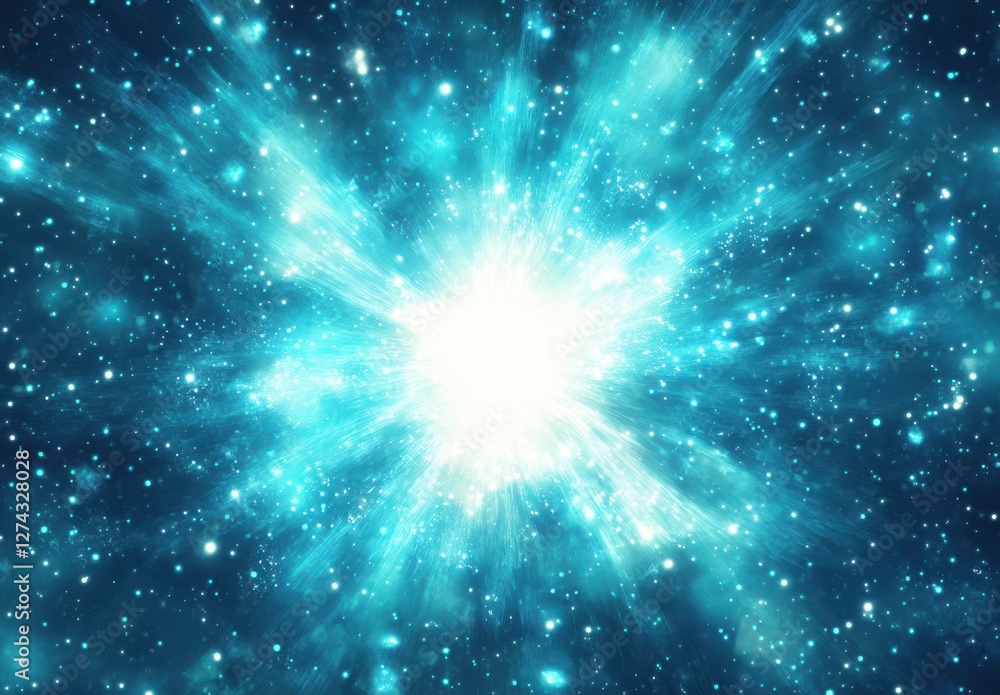Poster explosive cosmic burst in deep space with bright center and dazzling stars creating a vivid celestia