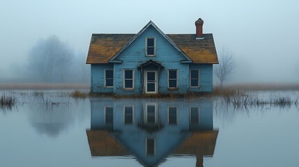 Fototapeta premium Partially submerged house standing in a vast floodplain with a moody sky above and peaceful reflections on the still water The scene is captured in soft blue gray tones