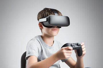 A teenager wearing VR glasses, sitting with controllers in hand, focused on an intense VR battle