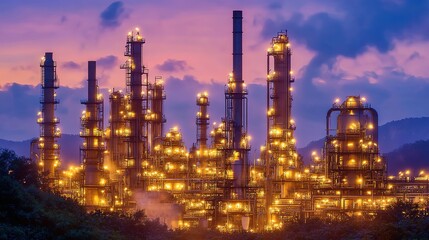 Obraz premium refinery - chemical factory at night with buildings, pipelines and lighting - industrial plant. View gas processing factory. .