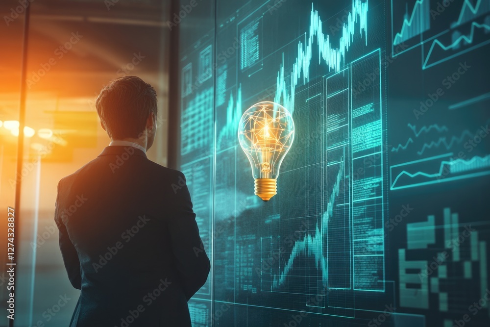 Poster a businessman contemplates a glowing lightbulb displayed on a large screen filled with financial dat