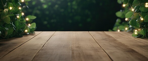Wooden table illuminated by soft fairy lights and greenery in a warm, dark ambiance