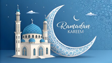 3D Ramadan Kareem greeting with crescent moon, mosque in blue background