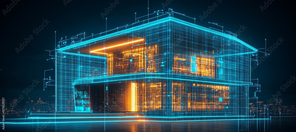 Poster futuristic architecture design, blueprint of modern building structure with glowing lines, 3d render