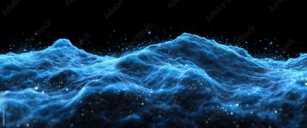 Poster dynamic blue digital waves with glowing particles on a dark background creating an abstract ocean
