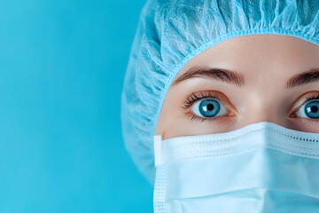 Close-up face of female doctor wearing surgical mask and cap
