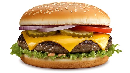 Delicious cheeseburger with fresh vegetables, melty cheese, and sesame seed bun on a white background