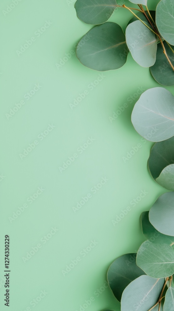 Aufkleber eucalyptus leaves border on light green background with ample copy space for text or design elements