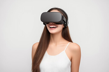 Naklejka premium A woman wearing VR glasses, laughing and gesturing as if chatting with a virtual character, on plain background