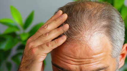 Fototapeta premium A man shows signs of hair thinning while examining his scalp, surrounded by lush green plants, indicating a concern for hair health.