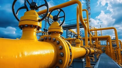 Compressor and pumping systems with many yellow pipes and connections in oil field. Oil plant