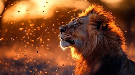 A majestic lion poses gracefully in a golden-lit landscape, surrounded by delicate floating particles that enhance its regal presence, embodying power, dignity, and the wild's raw beauty.