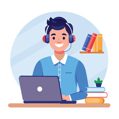 man in headphones, studying at laptop. Happy female student watching business webinar. Video conference call, remote work communication. Flat vector illustration isolated on white background