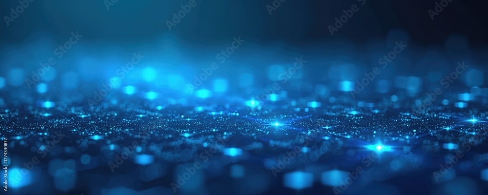 Poster Blue geometric abstract tech background with light effects. Digital design with network data connections, electronic system, computer circuit pattern, glowing lines, shapes. Tech innovation