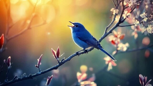 Scene of a small blue bird singing on a tree branch, smooth repeating motion for background video animation