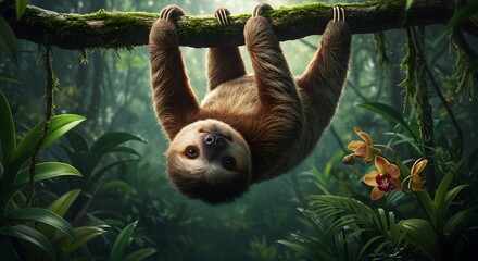 Obraz premium Sloth Hanging From Branch in Jungle with Orchid Flowers Nearby