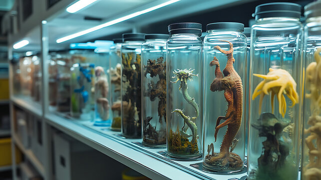 a secret laboratory containing alien creatures in glass tubes