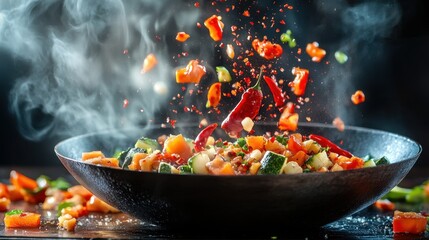 Colorful vegetables and spices being tossed in a sizzling pan, creating a dynamic cooking scene