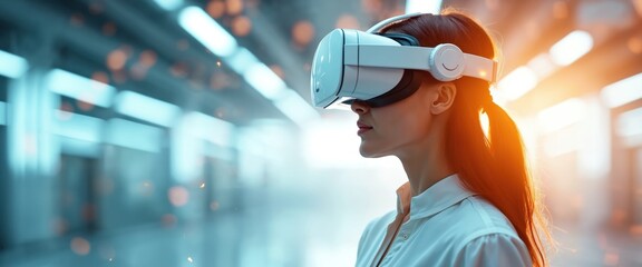 Futuristic woman wears VR headset in high tech environment. Advanced digital technology, glowing visual effects, cyber platform. Virtual reality simulation concept. Metaverse user explore cyberspace,