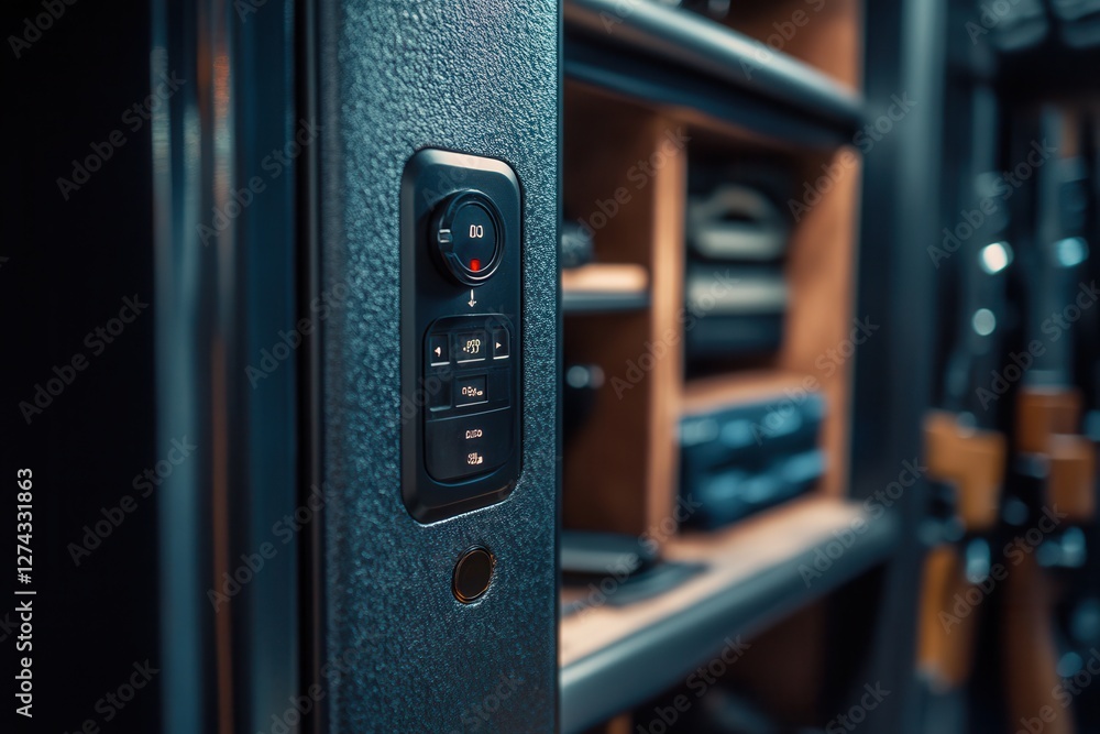 Poster a high-resolution shot of a gun safe with a digital lock, a gun safe featuring a remote control and 