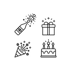 Gift, cake, confetti flat vector icons. Birthday party vector icons set