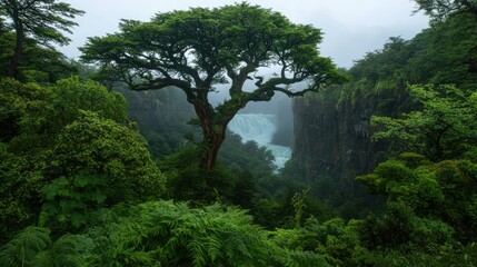 Obraz premium Majestic Tree Frames Waterfall in Lush Green Forest