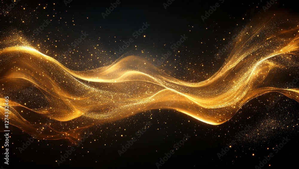 Poster elegant flowing golden waves with sparkling particles on a dark background creating a sense of luxur