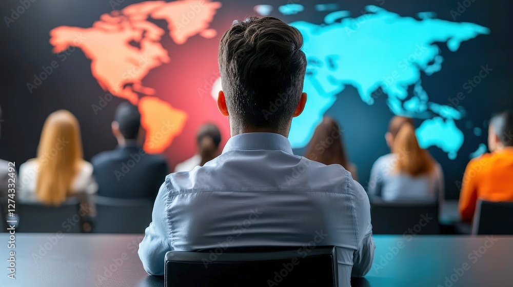 Poster a person sits in front of a large world map display, engaged in a presentation or discussion with an