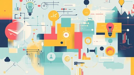 Obraz premium Abstract representation of innovation strategies in the tech industry focusing on brainstorming prototyping and scaling