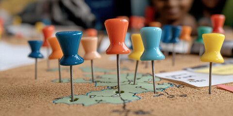 Multicolored Pushpins Inserted in Corkboard Map