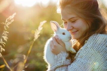 Woman gently cradling a rabbit, celebrating Easter and new beginnings