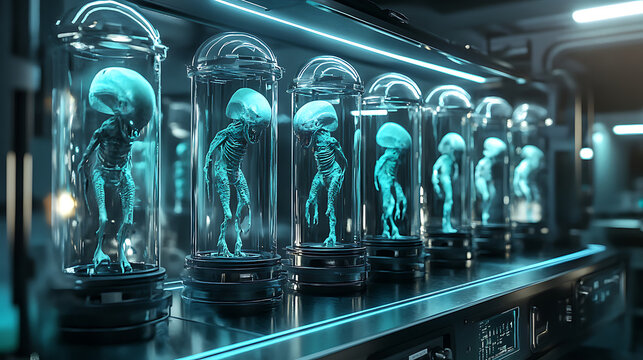 a secret laboratory containing alien creatures in glass tubes