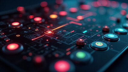 Futuristic control panel, glowing LED buttons, cyberpunk aesthetic, macro close-up, vibrant neon lights, circuit board details, sci-fi interface, cinematic lighting, high-tech design.