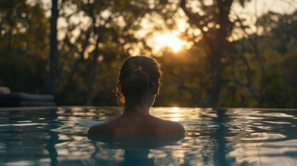 Woman relaxing in a serene swimming pool surrounded by nature