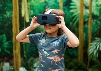 Child using virtual reality headset in forest