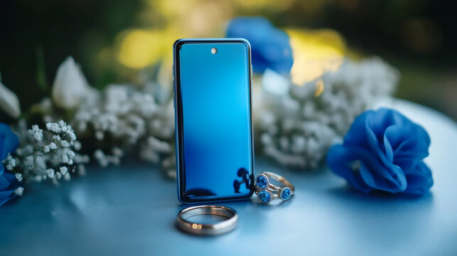 Blue smartphone with jewelry