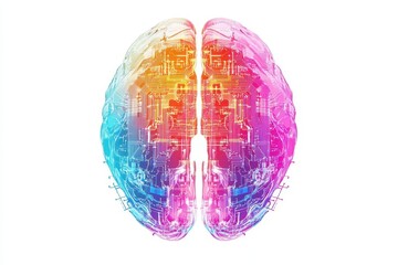 anatomical brain illustration with circuit patterns and ai elements in vibrant gradient colors on clean white background