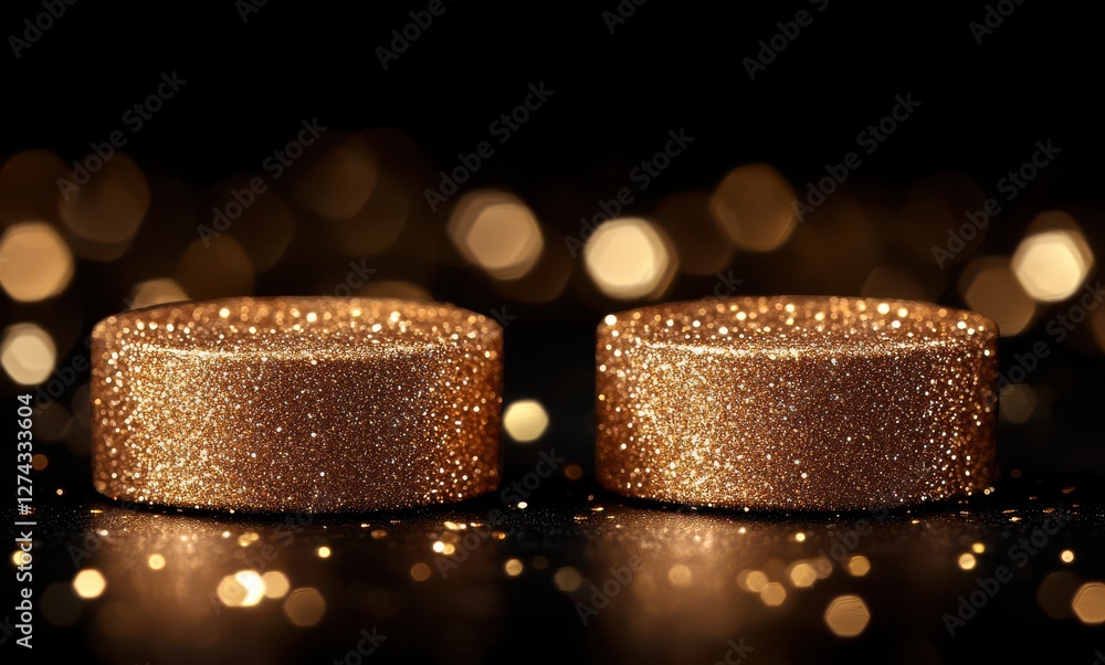 Poster glimmering golden glitter circles on a dark background with bokeh effect and sparkling particles for
