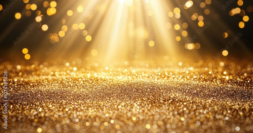 Aufkleber elegant golden light rays illuminating shimmering glitter particles on soft textured background, cre