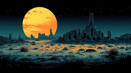 Surreal landscape featuring a large orange moon over a desolate ruin, with distant mountains and stars