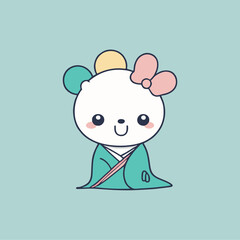 White bear wearing a green kimono and a pink bow.